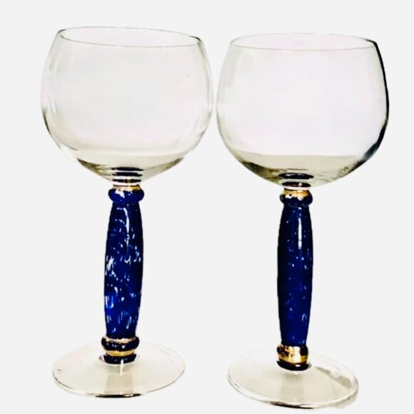 vintage Art Deco unknown Other - Hand-blown Art Deco Wiine Glasses Blue & Gold Stem clear bowl c. 1930 Vintage